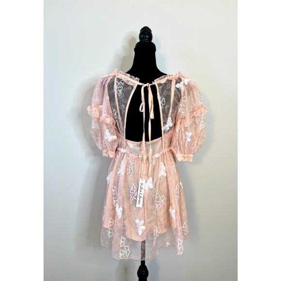For Love & Lemons Shari Mini Dress in Blush Medium Half Sleeve Lace Sequins - Picture 3 of 7
